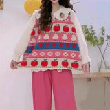 GETADME Sweater Vest Korean Sweet Vintage LOOSE O-Neck Sleeveless Autumn Spring Girls Sweater Vest Mori Girl