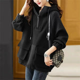 GETADME Sweatershirt Japanese Cotton Jacket Women's Autumn And winter New Female Coat Hooded Long-Sleeved Coat Coffee Black Shirt Plus