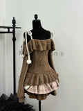 GETADME Sweet Kawaii 2 Piece Sets Women Japanese Y2k Brown Retro Tops + Chic Mini Cake Skirt Female Princess Elegant Outfits Autumn 2025