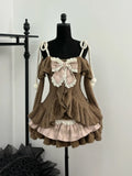 GETADME Sweet Kawaii 2 Piece Sets Women Japanese Y2k Brown Retro Tops + Chic Mini Cake Skirt Female Princess Elegant Outfits Autumn 2025
