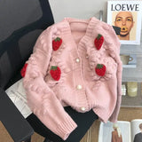 GETADME Sweet Strawberry Embroidered Sweater Coat for Women's Thickened 2024 New Soft Knitted Cardigan Single-breasted V-neck Loose Top