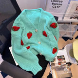 GETADME Sweet Strawberry Embroidered Sweater Coat for Women's Thickened 2024 New Soft Knitted Cardigan Single-breasted V-neck Loose Top
