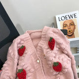 GETADME Sweet Strawberry Embroidered Sweater Coat for Women's Thickened 2024 New Soft Knitted Cardigan Single-breasted V-neck Loose Top