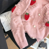 GETADME Sweet Strawberry Embroidered Sweater Coat for Women's Thickened 2024 New Soft Knitted Cardigan Single-breasted V-neck Loose Top