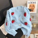 GETADME Sweet Strawberry Embroidered Sweater Coat for Women's Thickened 2024 New Soft Knitted Cardigan Single-breasted V-neck Loose Top