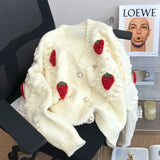 GETADME Sweet Strawberry Embroidered Sweater Coat for Women's Thickened 2024 New Soft Knitted Cardigan Single-breasted V-neck Loose Top