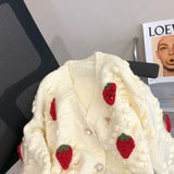 GETADME Sweet Strawberry Embroidered Sweater Coat for Women's Thickened 2024 New Soft Knitted Cardigan Single-breasted V-neck Loose Top