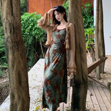 GETADME Sweet Two Piece Sets Womens Outfit Lace Up Patchwork Vintage Floral Maxi Dress Ruffles Chic Vein Loose Cropped Cardigan