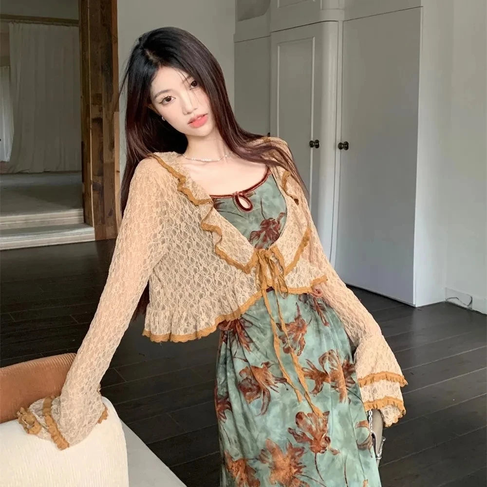 GETADME Sweet Two Piece Sets Womens Outfit Lace Up Patchwork Vintage Floral Maxi Dress Ruffles Chic Vein Loose Cropped Cardigan