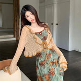 GETADME Sweet Two Piece Sets Womens Outfit Lace Up Patchwork Vintage Floral Maxi Dress Ruffles Chic Vein Loose Cropped Cardigan