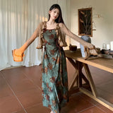 GETADME Sweet Two Piece Sets Womens Outfit Lace Up Patchwork Vintage Floral Maxi Dress Ruffles Chic Vein Loose Cropped Cardigan