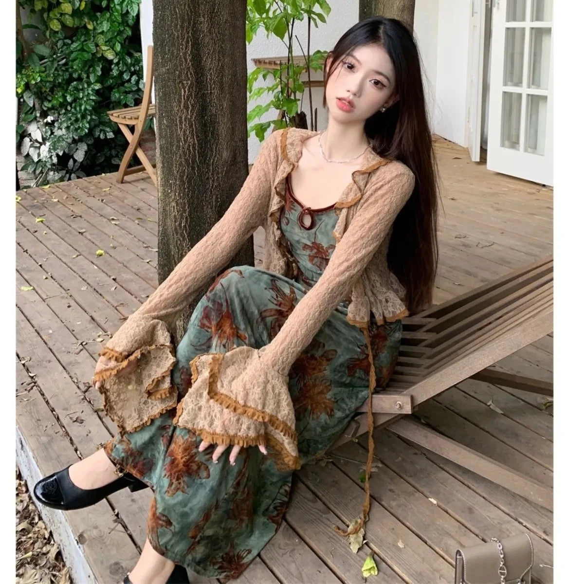 GETADME Sweet Two Piece Sets Womens Outfit Lace Up Patchwork Vintage Floral Maxi Dress Ruffles Chic Vein Loose Cropped Cardigan