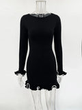 GETADME TARUXY Autumn New Knitted Mini Dress For Women Fungus Contrast Color Slim Sweater Dress Elegant Female Party Clothes Long Sleeve