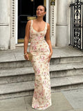 GETADME TARUXY Flower Print Slit Suspender Dress For Women Plunge Sexy Holiday Party Long Dress Female 2025 New Sleeveless Dress Vestido