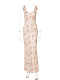 GETADME TARUXY Flower Print Slit Suspender Dress For Women Plunge Sexy Holiday Party Long Dress Female 2025 New Sleeveless Dress Vestido