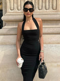 GETADME TARUXY One-Shoulder Bodycon Black Evening Dress For Women Sexy Backless Sleeveless Neck-Mounted Long Party Dress Female Elegant