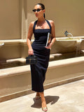 GETADME TARUXY One-Shoulder Bodycon Black Evening Dress For Women Sexy Backless Sleeveless Neck-Mounted Long Party Dress Female Elegant