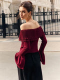 GETADME TARUXY Sweater Top One Shoulder Knitted Pullovers Autumn Fashion Long Flare Sleeve Button Patchwork Sweater Female Solid Slim