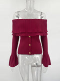 GETADME TARUXY Sweater Top One Shoulder Knitted Pullovers Autumn Fashion Long Flare Sleeve Button Patchwork Sweater Female Solid Slim