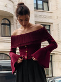 GETADME TARUXY Sweater Top One Shoulder Knitted Pullovers Autumn Fashion Long Flare Sleeve Button Patchwork Sweater Female Solid Slim