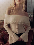 GETADME TARUXY Sweater Top One Shoulder Knitted Pullovers Autumn Fashion Long Flare Sleeve Button Patchwork Sweater Female Solid Slim