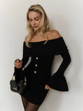 GETADME TARUXY Sweater Top One Shoulder Knitted Pullovers Autumn Fashion Long Flare Sleeve Button Patchwork Sweater Female Solid Slim