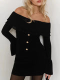 GETADME TARUXY Sweater Top One Shoulder Knitted Pullovers Autumn Fashion Long Flare Sleeve Button Patchwork Sweater Female Solid Slim