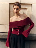 GETADME TARUXY Sweater Top One Shoulder Knitted Pullovers Autumn Fashion Long Flare Sleeve Button Patchwork Sweater Female Solid Slim