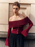 GETADME TARUXY Sweater Top One Shoulder Knitted Pullovers Autumn Fashion Long Flare Sleeve Button Patchwork Sweater Female Solid Slim