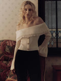 GETADME TARUXY Sweater Top One Shoulder Knitted Pullovers Autumn Fashion Long Flare Sleeve Button Patchwork Sweater Female Solid Slim