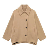 GETADME TRAFZA Winter Women's Loose Short Jacket Stand Collar Long Sleeve Button Casual Jacket Women's Wool Blended Khaki Top Y2K