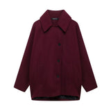 GETADME TRAFZA Winter Women's Loose Short Jacket Stand Collar Long Sleeve Button Casual Jacket Women's Wool Blended Khaki Top Y2K