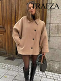 GETADME TRAFZA Winter Women's Loose Short Jacket Stand Collar Long Sleeve Button Casual Jacket Women's Wool Blended Khaki Top Y2K