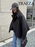 GETADME TRAFZA Winter Women's Loose Short Jacket Stand Collar Long Sleeve Button Casual Jacket Women's Wool Blended Khaki Top Y2K