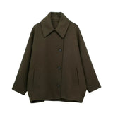 GETADME TRAFZA Winter Women's Loose Short Jacket Stand Collar Long Sleeve Button Casual Jacket Women's Wool Blended Khaki Top Y2K