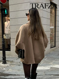 GETADME TRAFZA Winter Women's Loose Short Jacket Stand Collar Long Sleeve Button Casual Jacket Women's Wool Blended Khaki Top Y2K