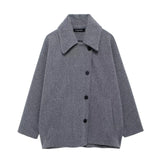 GETADME TRAFZA Winter Women's Loose Short Jacket Stand Collar Long Sleeve Button Casual Jacket Women's Wool Blended Khaki Top Y2K