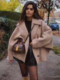 GETADME TRAFZA Winter Women's Loose Short Jacket Stand Collar Long Sleeve Button Casual Jacket Women's Wool Blended Khaki Top Y2K