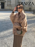 GETADME TRAFZA Winter Women's Loose Short Jacket Stand Collar Long Sleeve Button Casual Jacket Women's Wool Blended Khaki Top Y2K