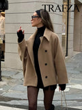GETADME TRAFZA Winter Women's Loose Short Jacket Stand Collar Long Sleeve Button Casual Jacket Women's Wool Blended Khaki Top Y2K