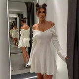 GETADME Talenza Knitted Off Shoulder V Neck Mini Dress Women's Sexy High Waist Long Sleeve Dress White Knitted Sweater Dress Robe Women