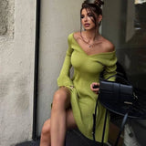 GETADME Talenza Knitted Off Shoulder V Neck Mini Dress Women's Sexy High Waist Long Sleeve Dress White Knitted Sweater Dress Robe Women