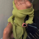 GETADME Talenza Knitted Off Shoulder V Neck Mini Dress Women's Sexy High Waist Long Sleeve Dress White Knitted Sweater Dress Robe Women