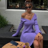 GETADME Talenza Knitted Off Shoulder V Neck Mini Dress Women's Sexy High Waist Long Sleeve Dress White Knitted Sweater Dress Robe Women