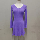 GETADME Talenza Knitted Off Shoulder V Neck Mini Dress Women's Sexy High Waist Long Sleeve Dress White Knitted Sweater Dress Robe Women