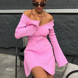 GETADME Talenza Knitted Off Shoulder V Neck Mini Dress Women's Sexy High Waist Long Sleeve Dress White Knitted Sweater Dress Robe Women
