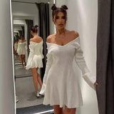 GETADME Talenza Knitted Off Shoulder V Neck Mini Dress Women's Sexy High Waist Long Sleeve Dress White Knitted Sweater Dress Robe Women