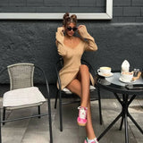 GETADME Talenza Knitted Off Shoulder V Neck Mini Dress Women's Sexy High Waist Long Sleeve Dress White Knitted Sweater Dress Robe Women