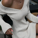 GETADME Talenza Knitted Off Shoulder V Neck Mini Dress Women's Sexy High Waist Long Sleeve Dress White Knitted Sweater Dress Robe Women
