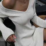 GETADME Talenza Knitted Off Shoulder V Neck Mini Dress Women's Sexy High Waist Long Sleeve Dress White Knitted Sweater Dress Robe Women